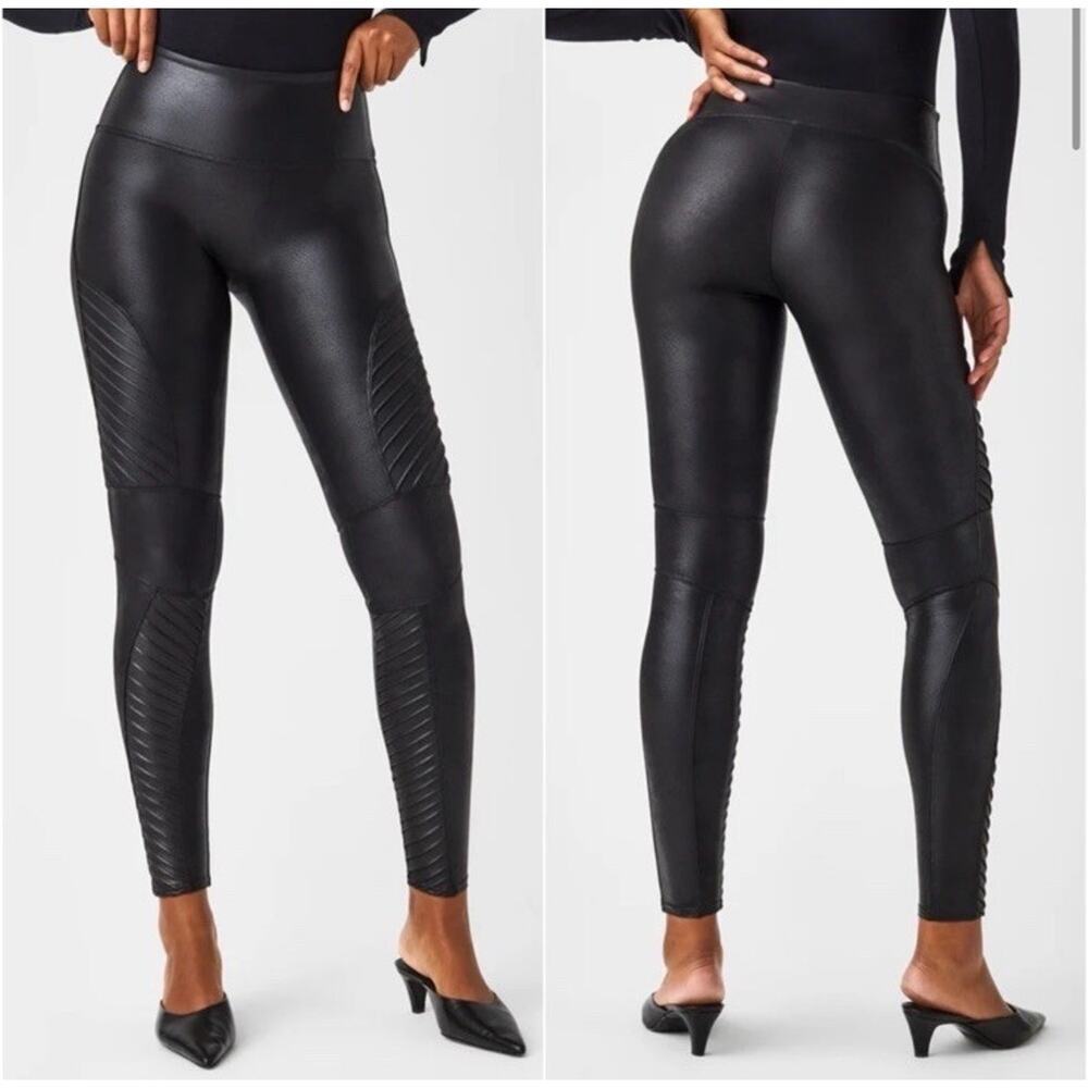 SPANX Faux Vegan Leather Black Moto Leggings Size Large Pull On Stretch 20136R
